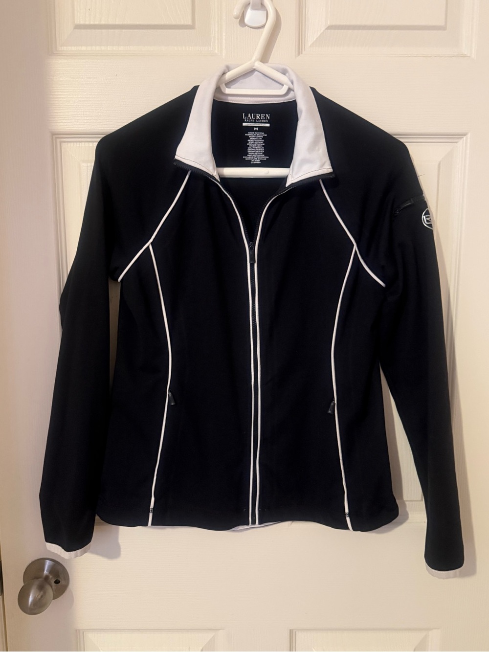 LAUREN Ralph Lauren Black/White piping Athletic Jacket with Zip Up